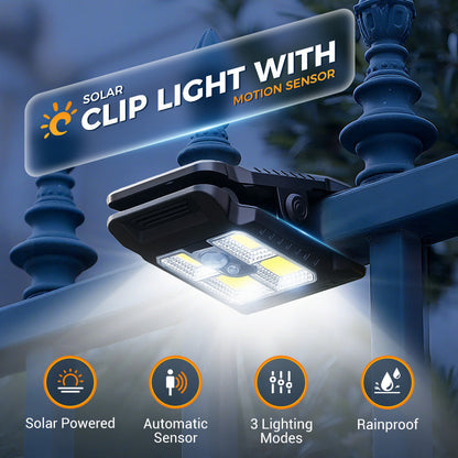 ☀️🔦 Lampe solaire à pince avec détecteur de mouvement – Illumination automatique et sans fil pour jardin, terrasse et balcon, fixez-la partout en un geste 🌿💡