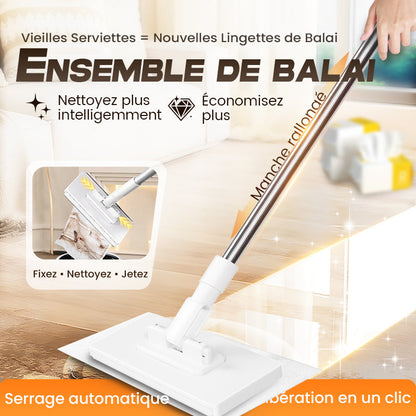 🧹💧 Serpillère réutilisable – Pince auto-serrante, manche télescopique, rotation 360°, un nettoyage des sols efficace et sans effort, même dans les coins les plus difficiles 🏠✨