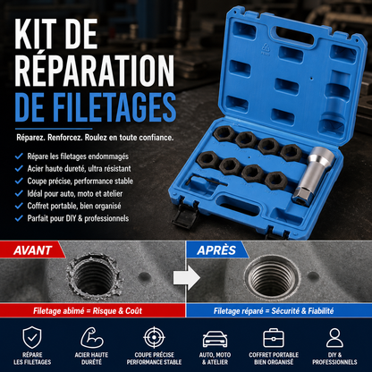 🛡️🔩 Kit complet taraudage auto – Filets rapportés en acier inoxydable, compatible essence, diesel et moto, solution permanente anti-corrosion 🌧️✅