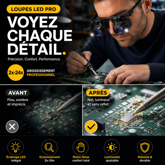 🔍💡 PROMO FLASH : 50% DE RÉDUCTION ! Loupe Frontale de Précision avec Éclairage LED – Lentilles Optiques Interchangeables 2× à 25×, Monture Légère et Confortable Mains Libres for Vos Travaux Minutieux d'Horlogerie, d'Électronique et d'Artisanat ✨