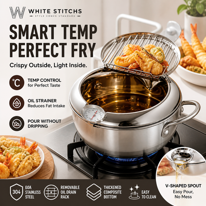 🍤🌡️ Cuve à frire en acier inoxydable pour tempura – Thermomètre intégré, panier égouttoir, corps profond, des fritures parfaites, croustillantes et moins grasses, comme au restaurant 🏮👌