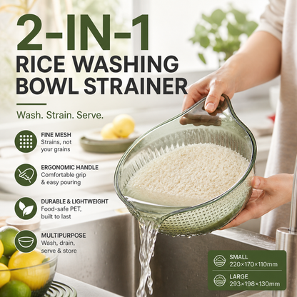 🍚💧 Bol à laver le riz à double fonction – Fine maille, poignée ergonomique, lavez et égouttez parfaitement sans perdre un grain, l’ustensile malin pour riz, quinoa et légumineuses, du robinet à la casserole 🥣✨