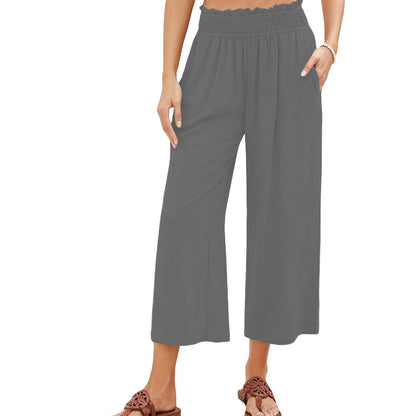 👖 50 % RABATT NU! ✨ Hög midja rökta vida byxor – retro chic, mjukt tyg & perfekta för både jobb och fritid 🌸