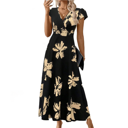 👗 50 % RABATT! 🌺 V-ringad klänning med volanger & tryck – smickrande passform, flödande fall & perfekt för varma dagar & ljumma kvällar 💃