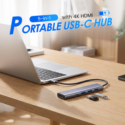 🔌💻 Hub USB-C 5-en-1 portable – Sortie HDMI 4K, transfert haut débit, recharge 100W PD, design aluminium fin et robuste ⚡🧳
