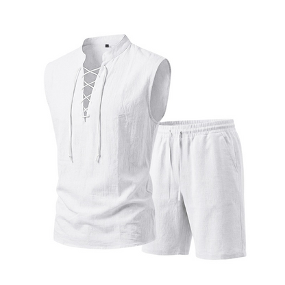 🧵 BEGRÄNSAD TID 50 % RABATT! ✨ Herr ärmlös set i linne – topp & shorts med snörning, 7 färger ☀️
