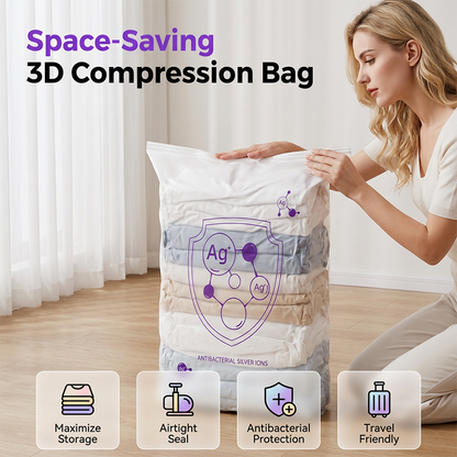 Stor vakuumförvaringspåse med silverjoner 🎒 3D-komprimering, ingen manuell pump – håller kläderna torra & mögelfria ✨