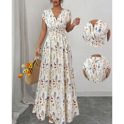 👗 50 % RABATT NU! 🌸 Blommig V-ringad maxiklänning – elegant rynkad midja & premiumtyg, perfekt sommarfavorit ✨