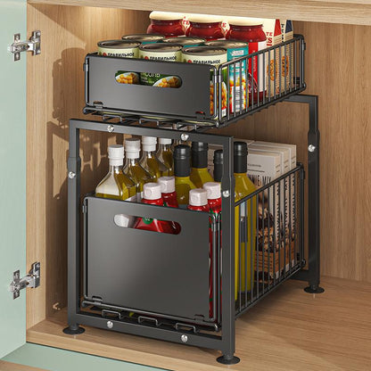 💪📦 Organiseur d'armoire coulissant à 2 niveaux – 5 hauteurs réglables, acier carbone robuste, grande capacité, sans montage ✨🥫