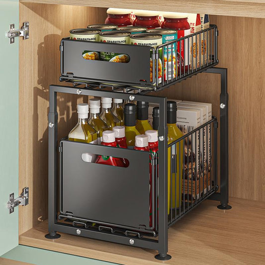 💪📦 Organiseur d'armoire coulissant à 2 niveaux – 5 hauteurs réglables, acier carbone robuste, grande capacité, sans montage ✨🥫
