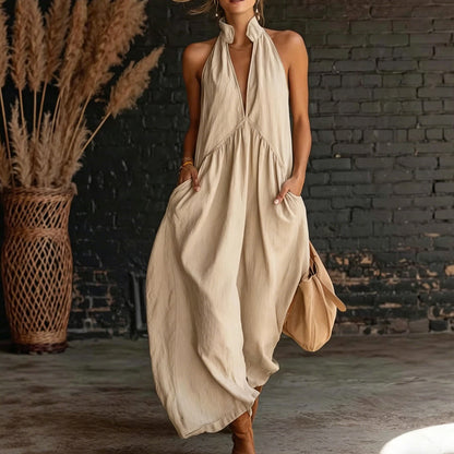🔥🎁 Nyhet – 50 % RABATT! 🔥 Dam maxiklänning med halterneck & V-ringning – elegant, luftig & perfekt för sommaren 🌿✨