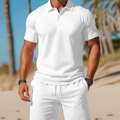 🏌️‍♂️ Herr 2-delars set – piké & shorts i fukttransporterande tyg, sval passform & perfekt för golf, promenader & lata dagar 🌿