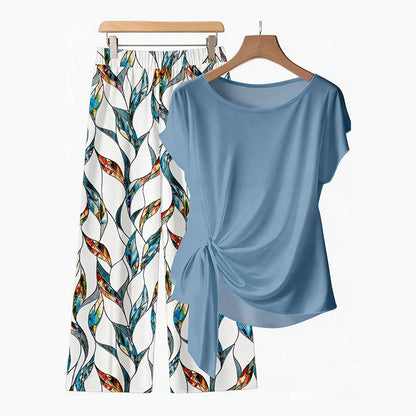 🏖️ Dam tvådelat set – sidoknut & botaniskt mönster, luftigt & perfekt för semester, brunch & strand, S–5XL för alla kroppstyper 🌊