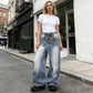 👖 50 % RABATT NU! 🌸 Dam asymmetriska vida jeans – hög midja, slitna detaljer & perfekta för en trendig streetlook 💃