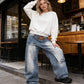 👖 50 % RABATT NU! 🌸 Dam asymmetriska vida jeans – hög midja, slitna detaljer & perfekta för en trendig streetlook 💃