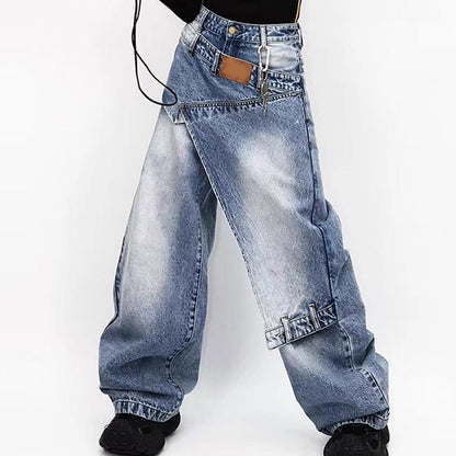 👖 50 % RABATT NU! 🌸 Dam asymmetriska vida jeans – hög midja, slitna detaljer & perfekta för en trendig streetlook 💃