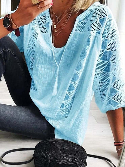 👚 50 % RABATT NU! 🌸 Dam U-ringad blus med öppen hålmönster – fransar, korta ärmar & perfekt för sommarens alla tillfällen 🌊