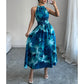 👗🌺 Dam halterneck-klänning i akvarelltryck – smockad midja framhäver figuren, flödande siluett döljer höfterna, romantisk & chic 🌸