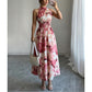 👗🌺 Dam halterneck-klänning i akvarelltryck – smockad midja framhäver figuren, flödande siluett döljer höfterna, romantisk & chic 🌸