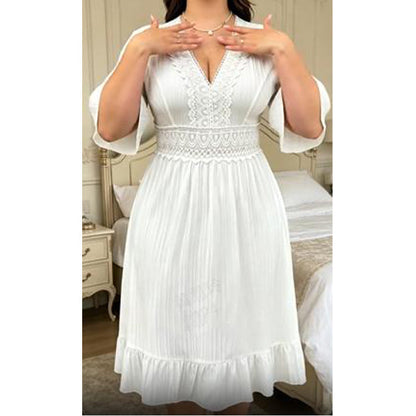 👗 50 % RABATT ☁️💗 Dam V-ringad klänning med volanger – smickrande siluett, mjukt fall & perfekt för varma dagar 🌿