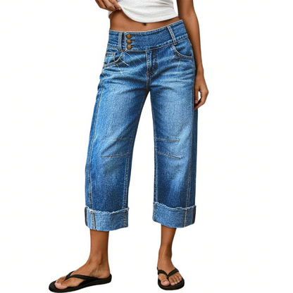 👖 50 % RABATT NU! 💙 Dam vida cropped jeans med knapphög midja – stretchig denim, smickrande siluett & perfekta för vardag & fest 🌿