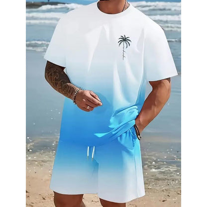 🏃‍♂️ Herr kortärmad gradient-set – tröja & shorts i andningsbart tyg, perfekt för löpning, strand & casual fritid 🌊
