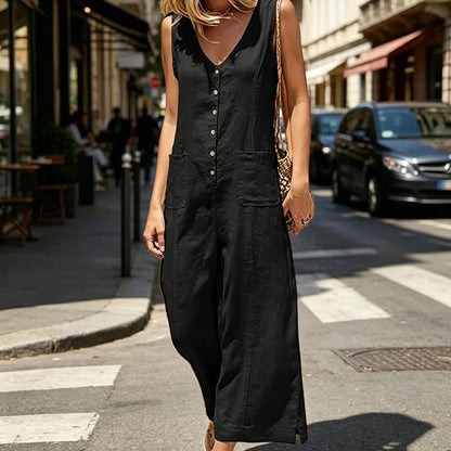 🌸 Ärmlös V-ringad jumpsuit med knappdetaljer – framhäver dekolletaget, döljer magen & perfekt för alla kroppstyper, mjuk & bekväm hela dagen 🌿