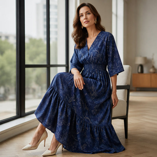 🌸👗 Robe imprimée col V femme – Coupe fluide, motif élégant, silhouette flatteuse pour un look romantique du quotidien aux occasions spéciales 🌿💃
