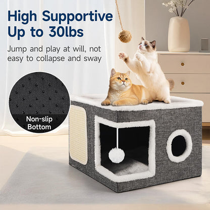 🐾🏠 Maison cube pliable 2-en-1 pour chat – Design bi-niveau, griffoir intégré, confort toutes saisons, un espace jeu et repos compact, facile à ranger et à déplacer 🧺✨
