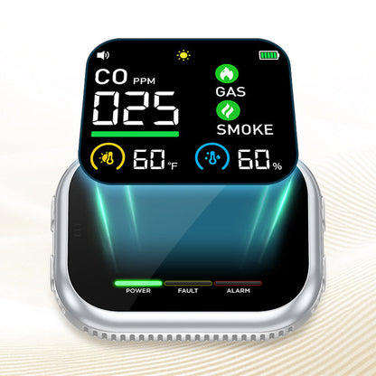 🛡️🏠 Alarme multigaz portable 6-en-1 – Capteurs haute précision, écran LCD, surveille en continu le CO, le gaz, la fumée, la température et l’humidité, la sentinelle discrète pour toute la famille 👶👵