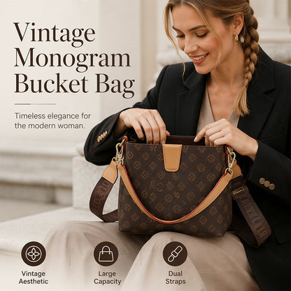 👜💼 Sac seau chic femme – PU monogramme vintage, bandoulière réglable, l’élégance pratique du bureau au quotidien, sans effort 🌸🏙️
