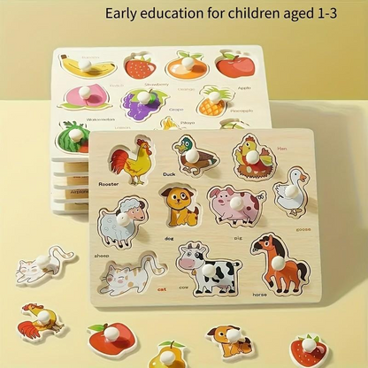 🧩🌳 Puzzle à chevilles Montessori en bois – Poignées adaptées aux petites mains, couleurs vives, développe la motricité fine et la coordination œil-main 👶🧠