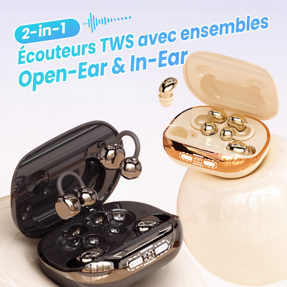 🏙️🎧 TWS double mode – Écouteurs ouverts pour rester alerte en courant, intra-auriculaires pour vous isoler, un seul boîtier pour toutes vos journées, du sport au bureau 🌆🔋