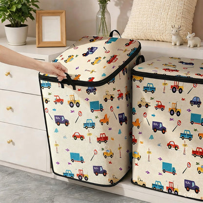 🧺🔒 Boîte de rangement pliable avec couvercle zip – Toile robuste, motif cartoon amusant, poignées renforcées pour un transport facile, disponible en 3 tailles pour chambre et dressing 🎨👕