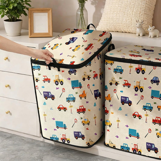 🧺🔒 Boîte de rangement pliable avec couvercle zip – Toile robuste, motif cartoon amusant, poignées renforcées pour un transport facile, disponible en 3 tailles pour chambre et dressing 🎨👕