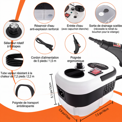 🧹💨 Nettoyeur à vapeur portatif multifonction – PC + ABS, 2500 W, 6 niveaux de pression, pistolet ergonomique, prise EU/UK/US, désincrustez graisse et saletés partout, de la maison au bureau en passant par la voiture 🏠🚗