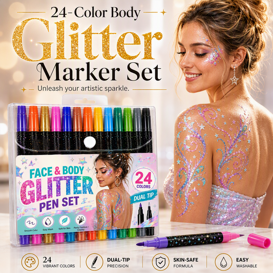 🧼🎨 Marqueurs pailletés pour le visage – Double pointe, formule testée, se lave à l’eau, parfaits pour les enfants et les adultes, la couleur qui rime avec sécurité et bonne humeur 🧒🎉
