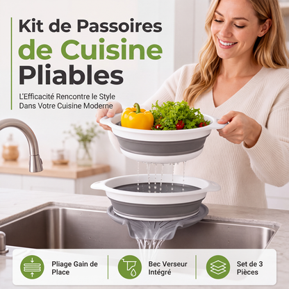 🥗✨ Passoire pliable multifonction – Égouttoir avec base de vidange, compacte et pratique, lavez et égouttez vos aliments sans encombrer votre cuisine, puis rangez-la à plat 🌿👌