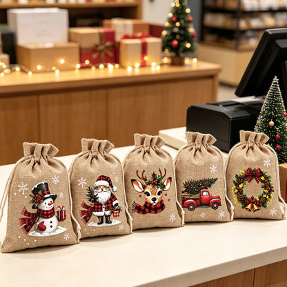 🎅🎁 Sacs cadeaux de Noël à cordon – Imprimés festifs, tissu durable, un emballage chic et réutilisable pour vos présents, sous le sapin et au-delà 🎄✨