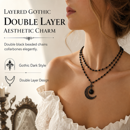 Collier Gothique à Double Rang de Perles de Cristal Noir et Pendentif Lune Ajouré
