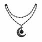 Collier Gothique à Double Rang de Perles de Cristal Noir et Pendentif Lune Ajouré