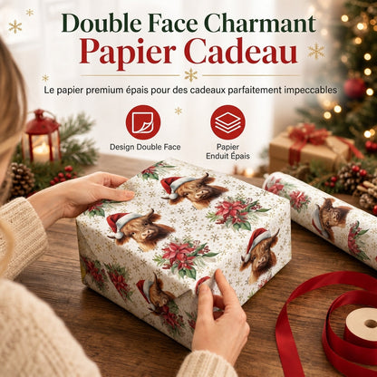 🎁🐮 Papier Cadeau de Noël Vache Highland et Fleurs – Réversible, Format 43 × 500 cm et Facile à Assortir