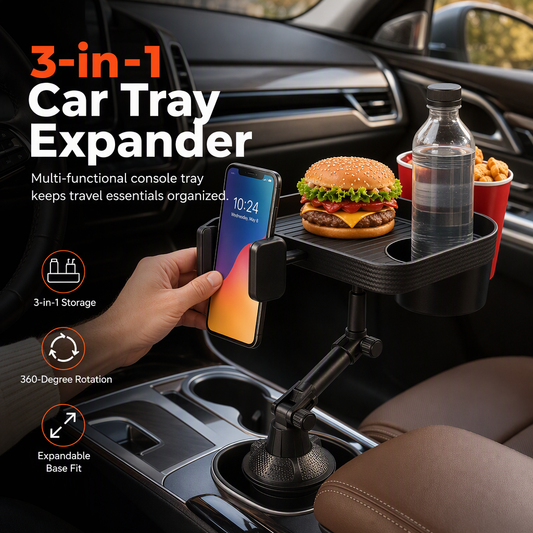 Support multifonction 3-en-1 pour voiture : porte-gobelet, support pour téléphone, plateau et espace de rangement