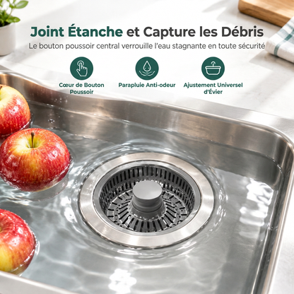 Bouchon d'évier de cuisine - Bouchon de vidange avec corps en acier inoxydable et panier filtrant en ABS