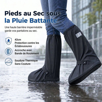 1+1 GRATUIT ! 🌧️ Housse de protection haute imperméable pour bottes de pluie 👢 Couvre-chaussures en PVC avec semelle antidérapante 🛡️ Tige de 42 cm et bandes réfléchissantes 🚶‍♂️ | Pour moto, vélo et usagers des transports 🚴 | Unisexe 🥾