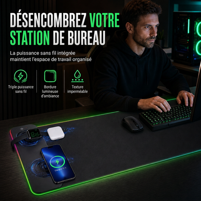 Grand Tapis de Souris Gaming RGB avec Tapis de Bureau pour Clavier 3-en-1 sans Fil Résistant aux Salissures 800x300x4mm